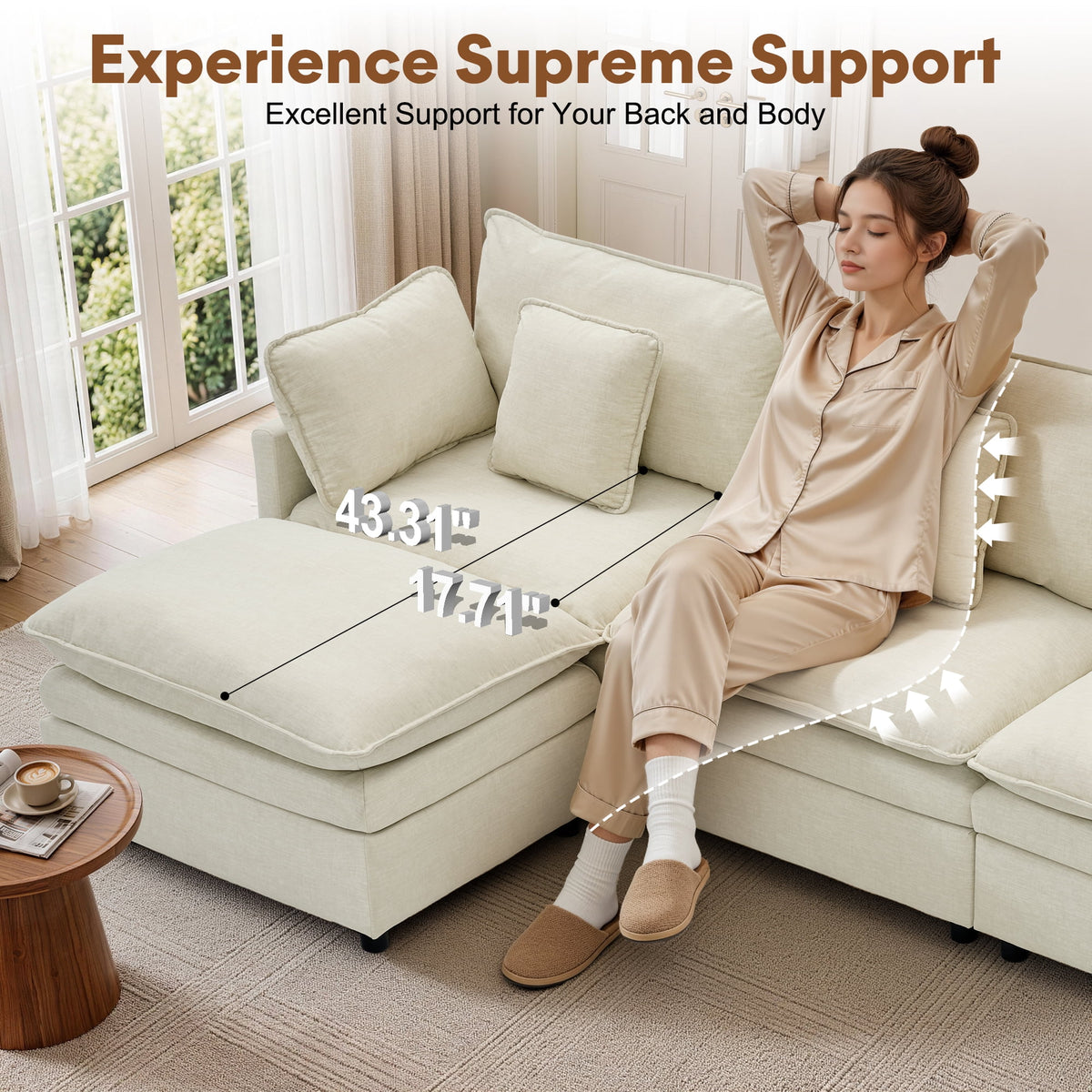 Korser Modular Sectional Cloud Couch with Movable Ottoman,3-Seat Modern Sofa with Pillows,Deep Seat L-Shaped Couch for Living Room,Bedroom,Assembly Required,Beige