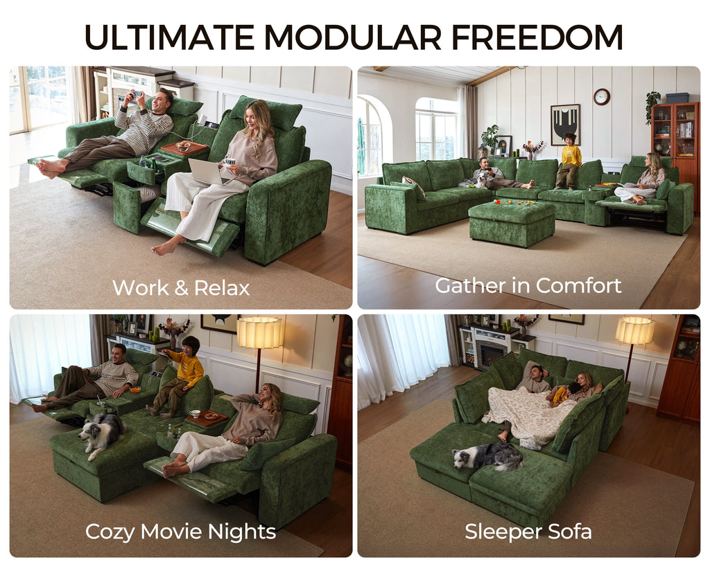 BEDEEP 169.7'' Power Recliner Sofa with Headrest Console, Modular Cloud Sectional Chenille Reclining Couch with Storage Ottoman Chaise, Convertible 7-Seater Sofa Couch for Living Room RV, Green