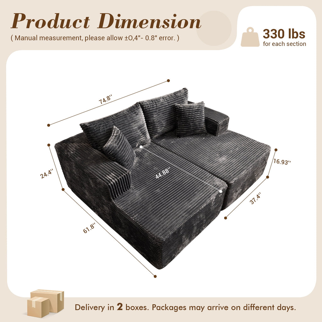 XIZZI Oversized Chaise Lounge Chair Indoor Double, Modular Sectional Sofa with Plush Corduroy, Sleeper Sofa Boneless Couch for Living Room Bedroom, No Assembly Required, Gray