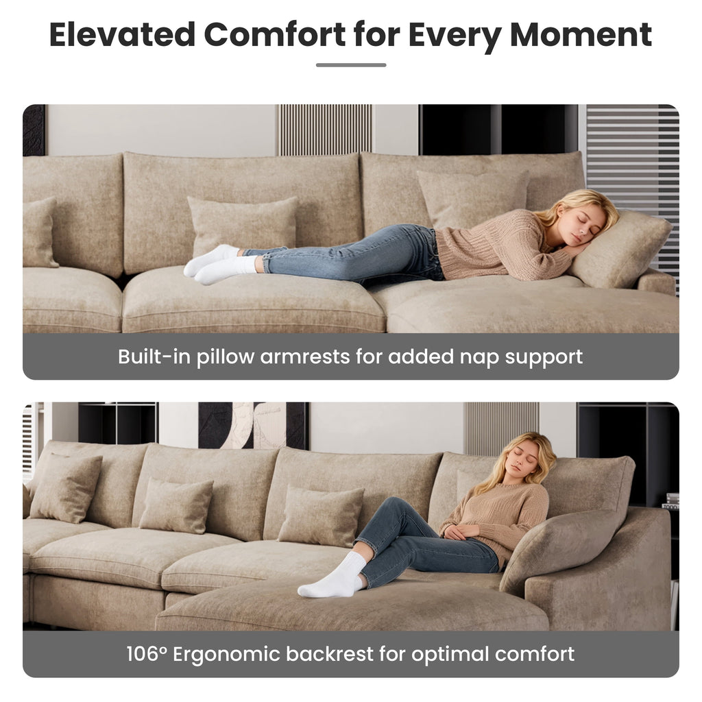 The Magic Home Modular Sofa & Sectional Sofa - L Shaped Deep Seat Cloud Couch in Soft Linen Blend Fabric,Perfect for Apartment & Small Space Living,3-seat Sofa with Ottoman,Khaki Couch