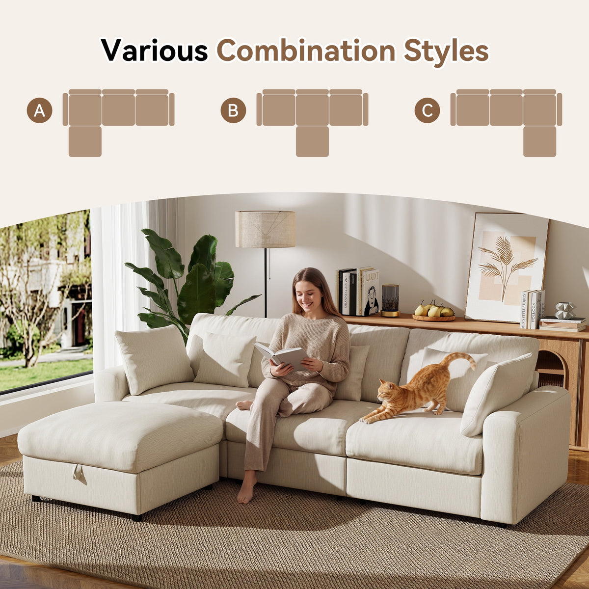  110" Large Modular Sectional Cloud Sofa with Removable Storage Ottoman, Extra Deep Seat Couch, Living Room Furniture, Chenille Beige