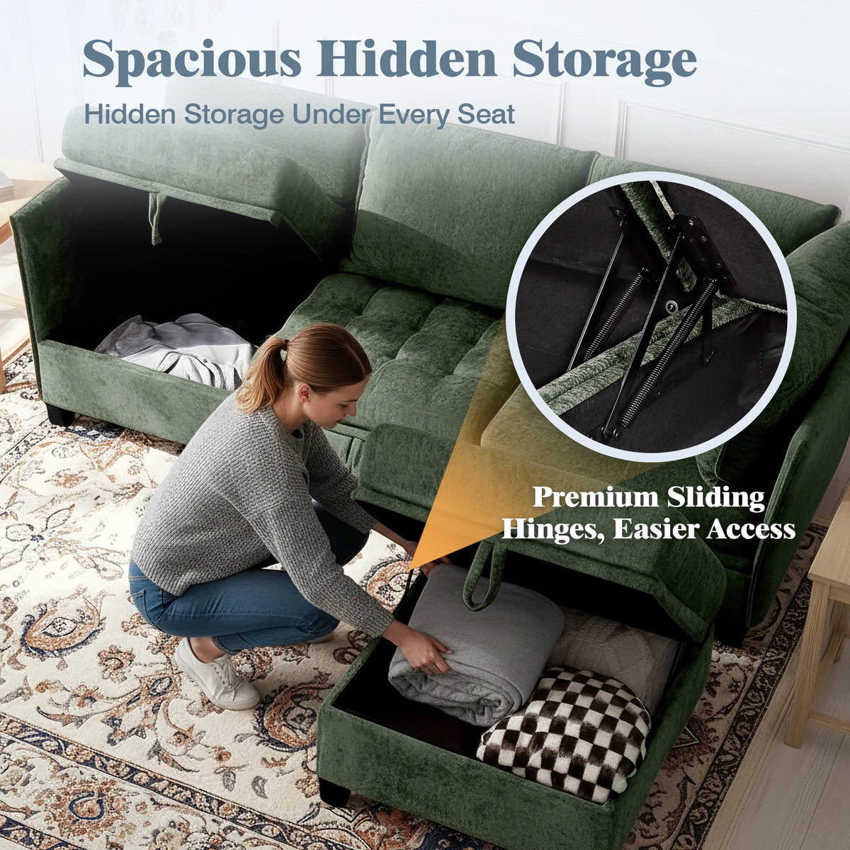 Advwin 7-Seater Oversized Modular Sectional Sofa with Ottoman & Storage Under Each Seat, Chenille Convertible Comfy Couch Sleeper with Extra Wide & Deep Seat for Living Room, Dark Green