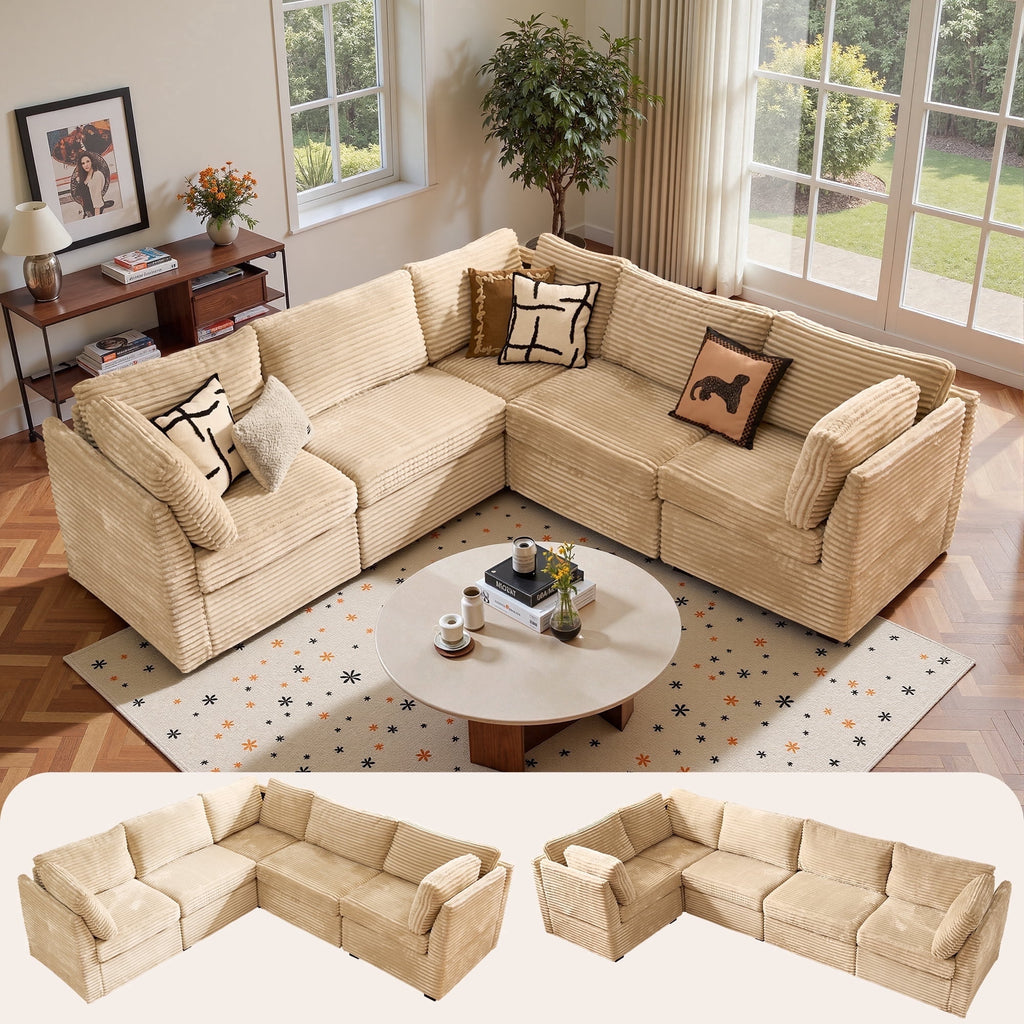  95" Modular Sectional Sofa Deep Seat L-Shaped Cloud Corduroy Couch for Living Room, 5 Seat, Beige