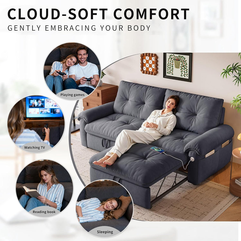 3-in-1 Convertible Sofa Bed, 77" Queen Size Loveseat Sleeper with Pull Out Bed,USB and Side Storage Pockets,Modern 2 Seater Small Couch for Apartment Living Room, Velvet Fabric,RV-Friendly,Dark Gray