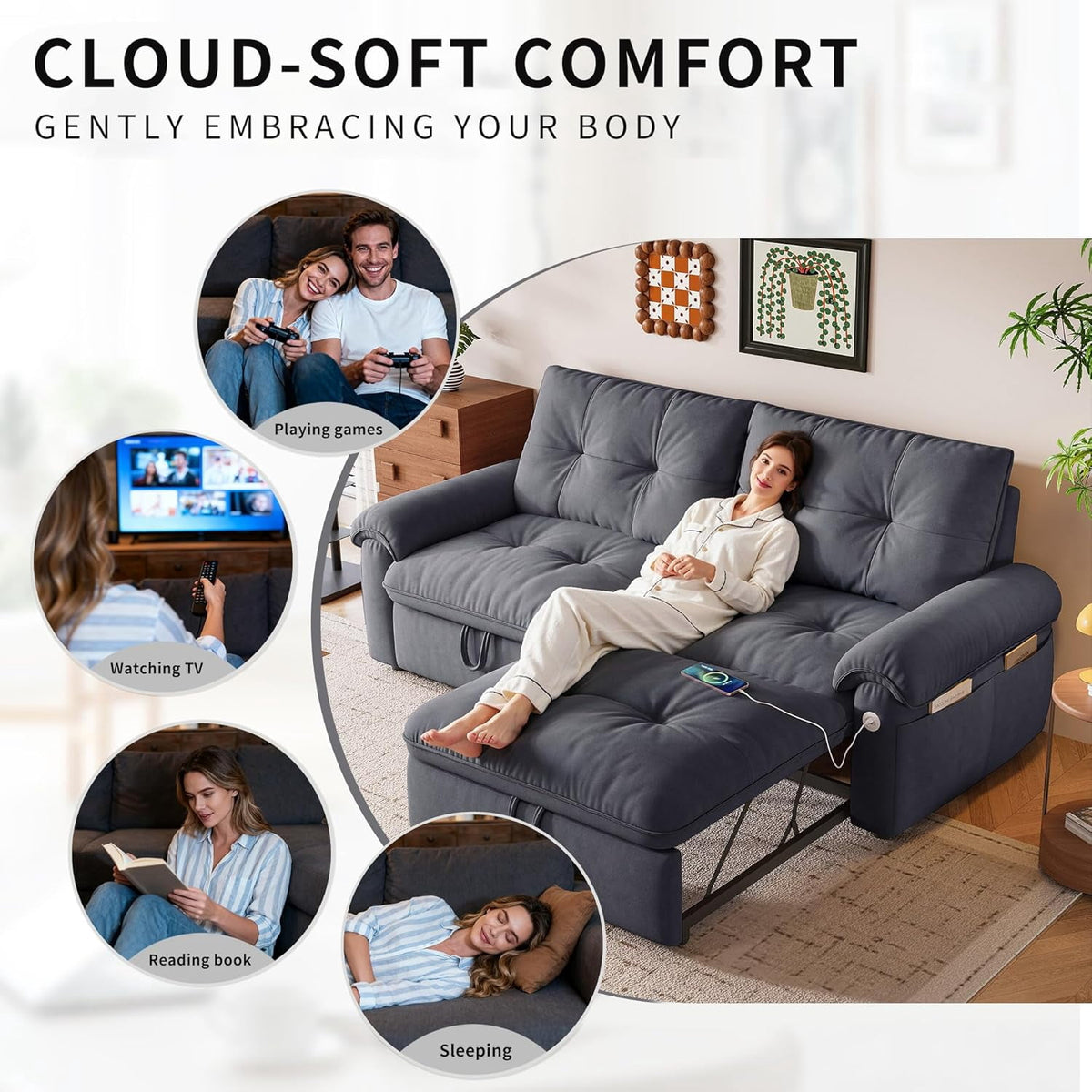 3-in-1 Convertible Sofa Bed, 77" Queen Size Loveseat Sleeper with Pull Out Bed,USB and Side Storage Pockets,Modern 2 Seater Small Couch for Apartment Living Room, Velvet Fabric,RV-Friendly,Dark Gray