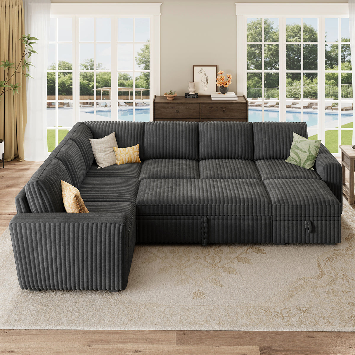Marrber 106? Oversized Modern Plush Corduroy U-Shaped Modular 7-Seater Pull-Out Sectional Sleeper Sofa Bed with Hidden Storage for Living Room and Apartment, Easy Assembly, Dark Gray