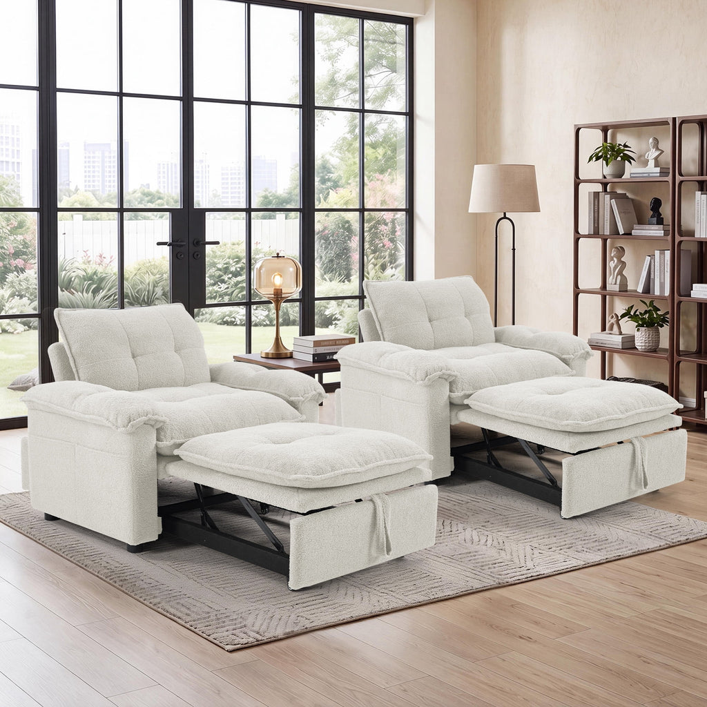  Set of 2 3-in-1 Pull Out Sofa Bed Chairs, Soft Fabric Convertible Design with Side Storage, White