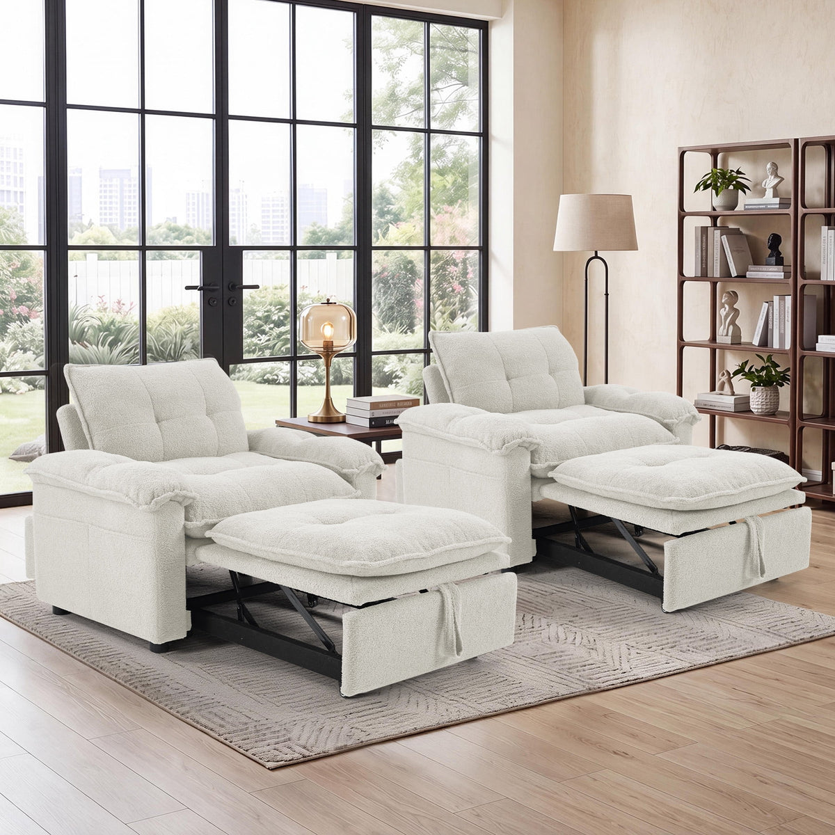  Set of 2 3-in-1 Pull Out Sofa Bed Chairs, Soft Fabric Convertible Design with Side Storage, White