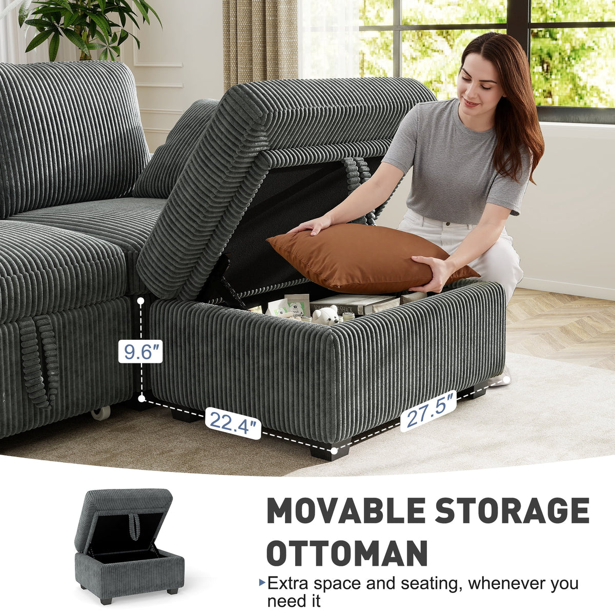  81" Sectional Sleeper Sofa With Pull Out Bed, Storage Ottoman & USB Charging, L Shape Modern Couch for Living Room, Corduroy Gray