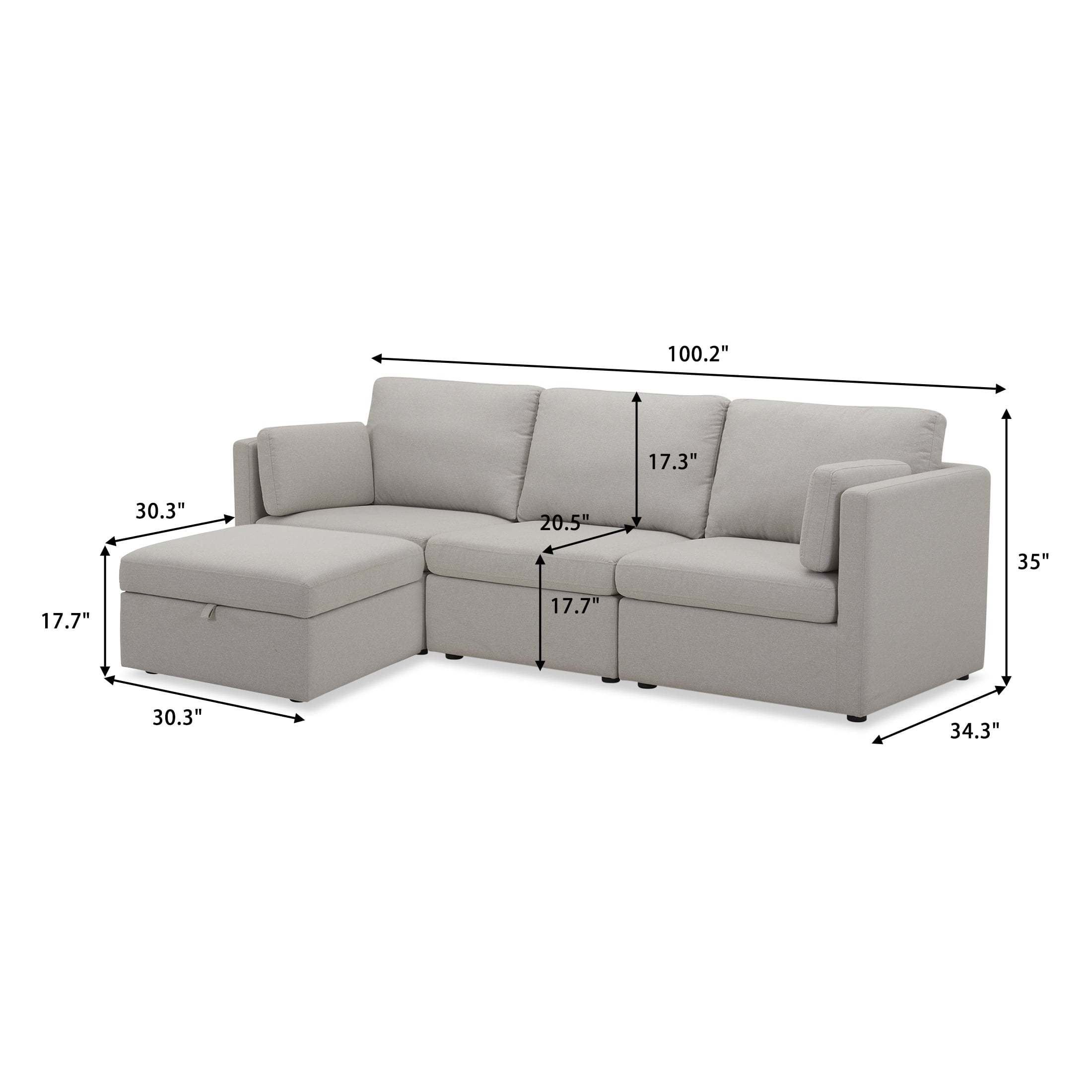  100'' Modular Sectional Sofa with Storage Ottoman, White Linen