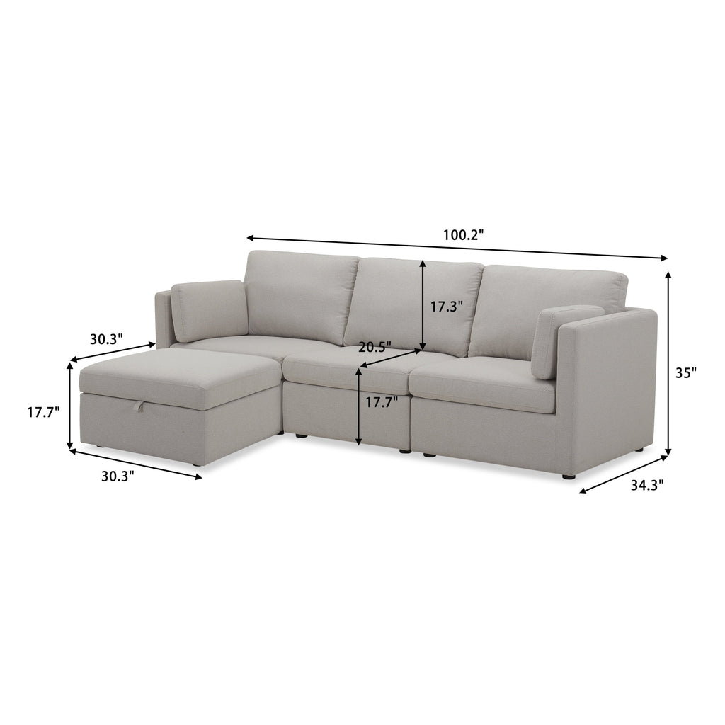  100'' Modular Sectional Sofa with Storage Ottoman, White Linen