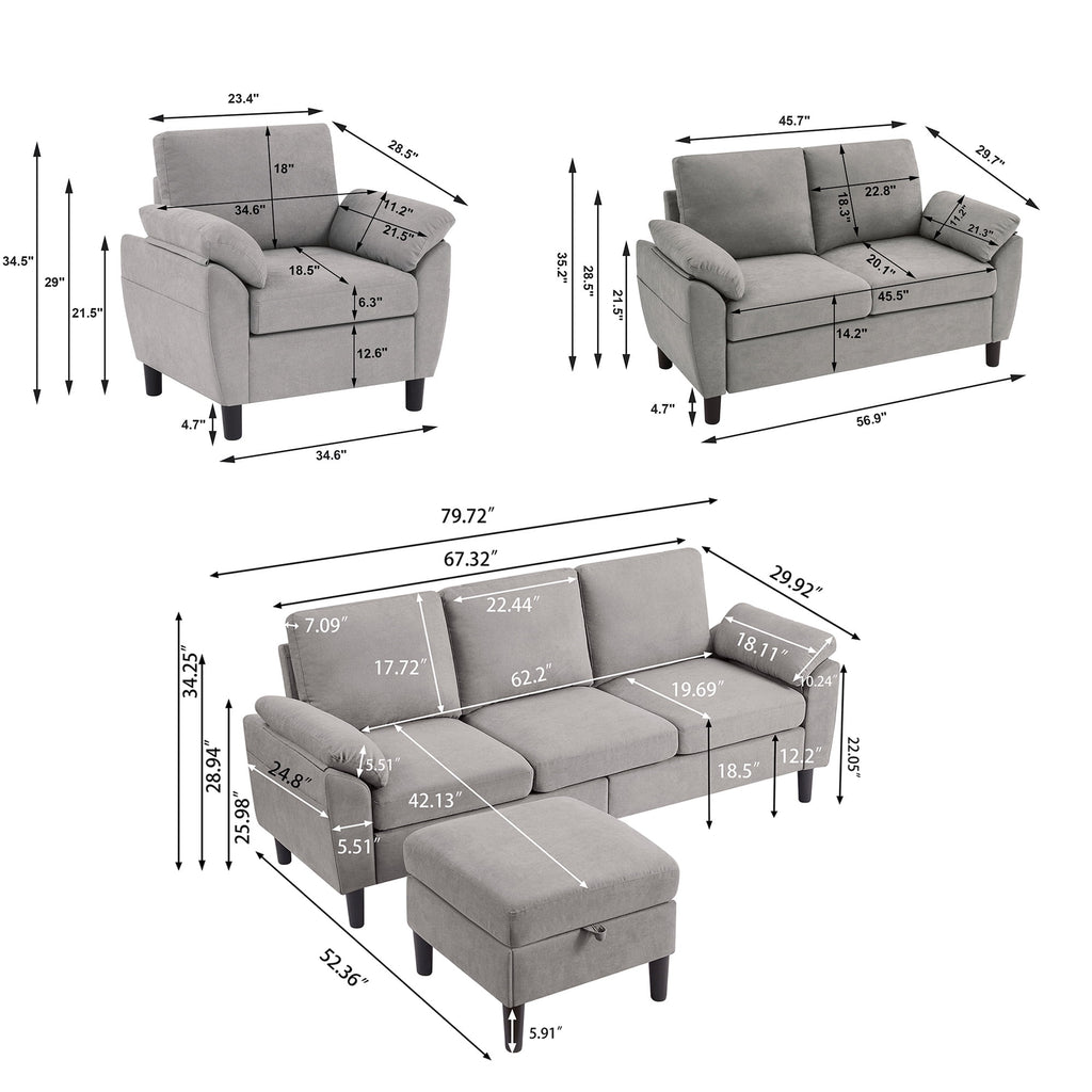  Chireca 4 Piece Convertible Sectional Sofa Set, Modern Linen Small L Shaped Couch with Reversible Chaise, 3-Seater Sofa & Loveseat & Armchair for Living Room, Office, Apartment, Lightgrey
