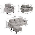  Chireca 4 Piece Convertible Sectional Sofa Set, Modern Linen Small L Shaped Couch with Reversible Chaise, 3-Seater Sofa & Loveseat & Armchair for Living Room, Office, Apartment, Lightgrey