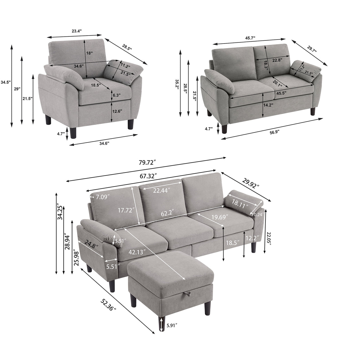  Chireca 4 Piece Convertible Sectional Sofa Set, Modern Linen Small L Shaped Couch with Reversible Chaise, 3-Seater Sofa & Loveseat & Armchair for Living Room, Office, Apartment, Lightgrey