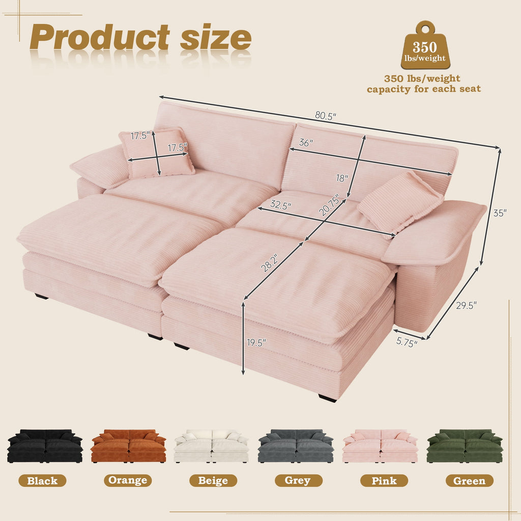 Muumblus Comfy Modular Sectional Sofa with 2 Ottoman, Deep Seat 80.5" Modern Oversized Corduroy Cloud Couch, Fluffy Deep Seat Chaise Lounge Sleeper Sofa for Living Room Apartment, Pink