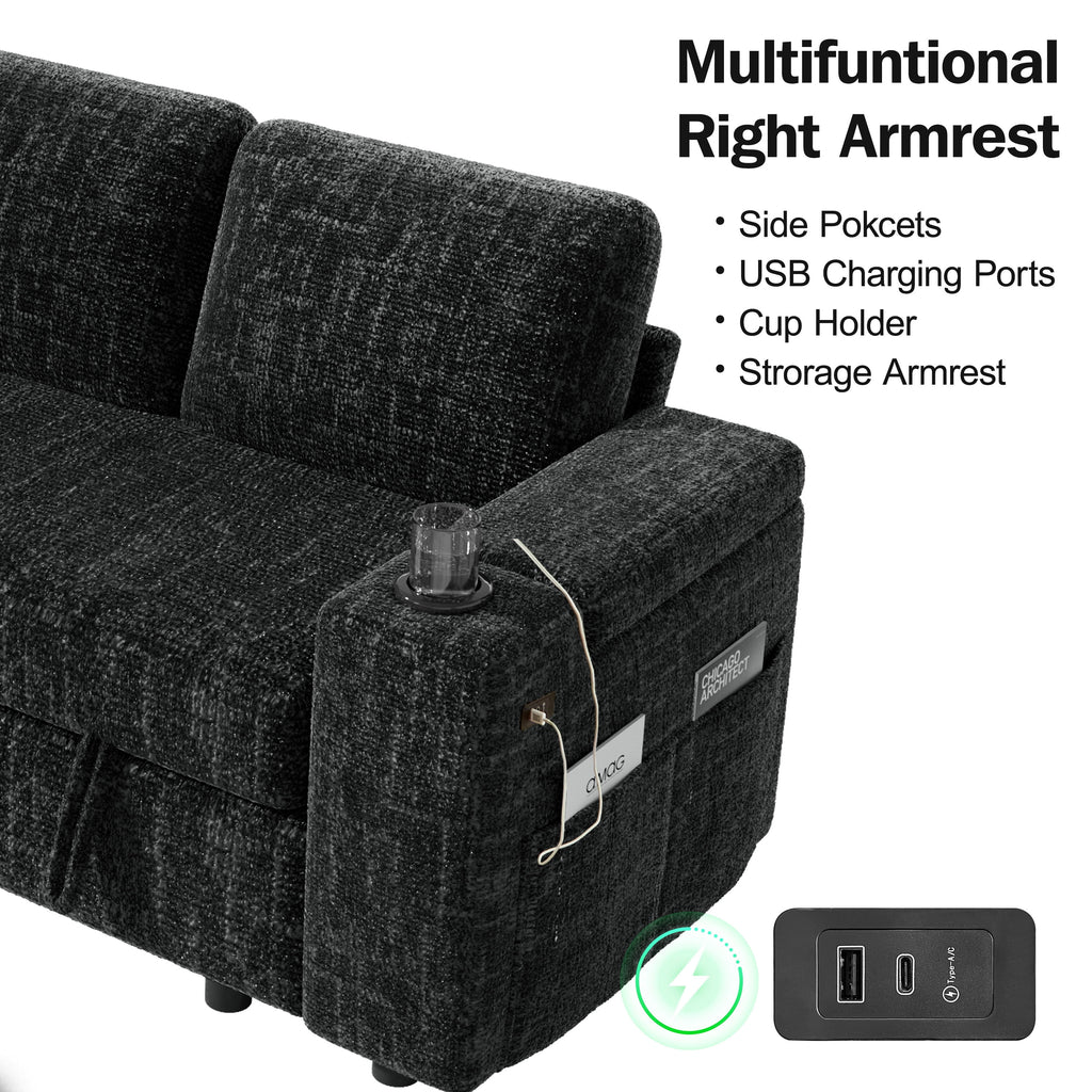 110" Modular Sectional Sleeper Sofa with Pull Out Bed, 7 Seat Plush L Shaped Couch with Storage Chaise|USB Ports|Cup Holders|Side Table|Storage Armrests, Tool Free Assembly, Chenille Fabric Dark Gray
