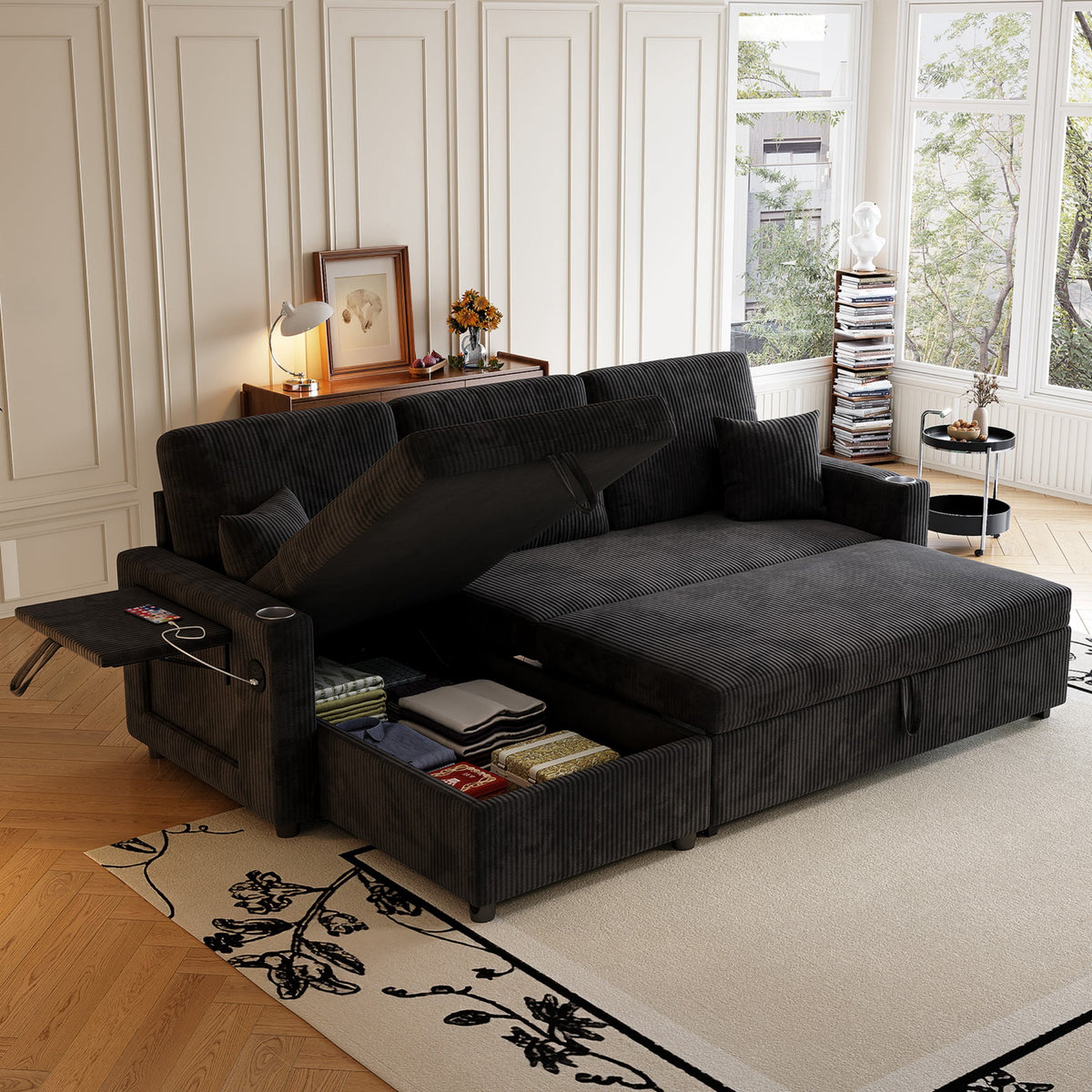 83" Sleeper Sectional Sofa, Comfy Convertible Sofa Bed with Pull Out Couches, Small Desktop, Corduroy L Shaped Couch with Reversible Storage Chaise & USB for Living Room Apartment,Black