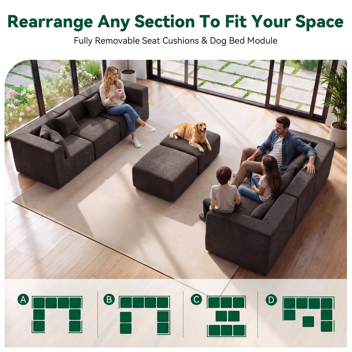  130" 8-Piece Modular Sectional Sofa with Ottomans, U-Shaped Pit Couch for Living Room, Modern Teddy Fabric Cloud Couch Set, Large Sleeper Sofa with Deep Seats, Coffee Brown