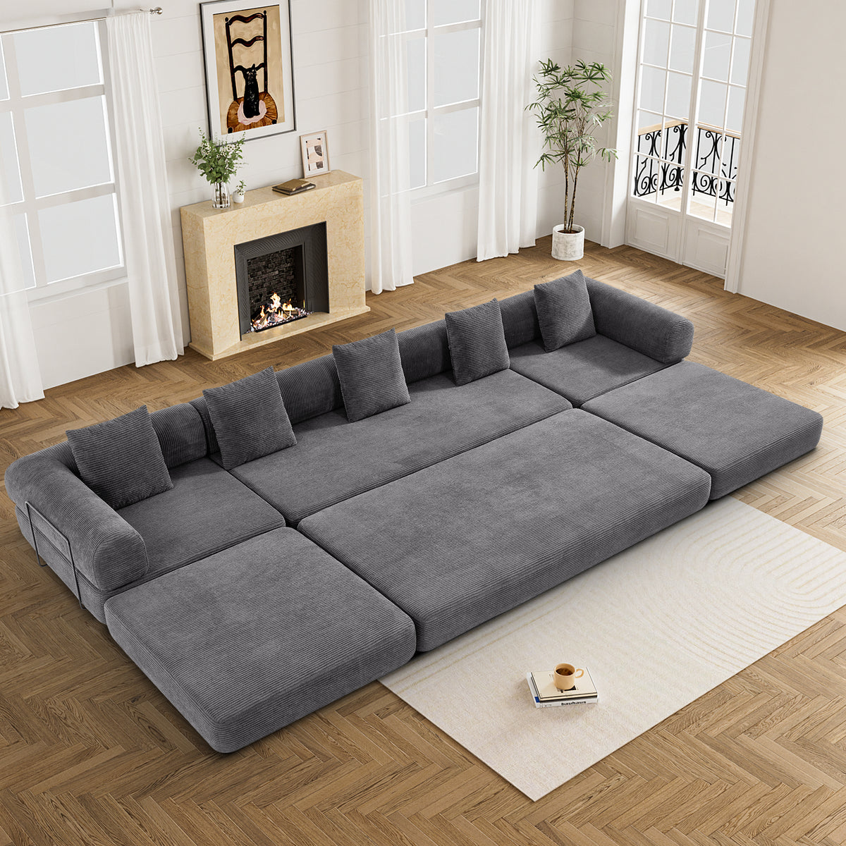 157" Convertible Sleeper Sofa Bed,Corduroy Futon Sofa Couch with High-Density Foam,Deep Seat Sofa for Living Room, Bedroom,Gray