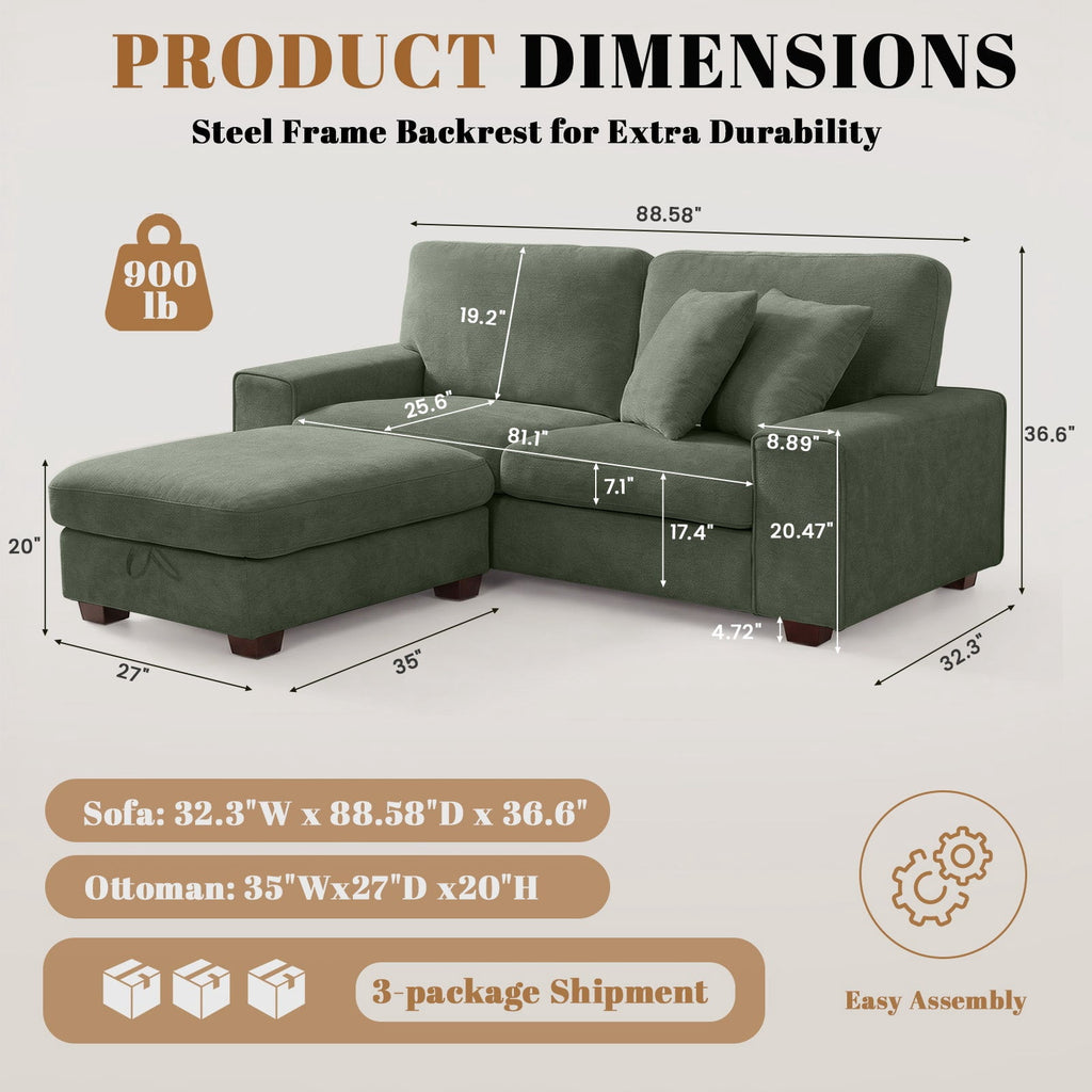 Poshby 88.58''W Sectional Sofa 3 Seater Couch with Chenille, Modern Square Arm for Living Room, Light Green