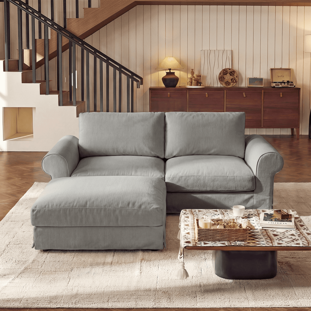 Vorthio 81.9" Oversized Loveseat Cloud Couch with Ottoman, Deep Wide Seat Slipcovered Sofa, Rolled Arms, Washable Fabric, Easy Assembly, Grey
