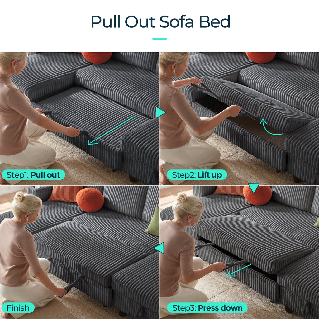  L Shaped Sectional Couches for Living Room, Sleeper Sofa Bed with Storage Seat, Pull Out Couch Bed with Cup Holder, Dark Gray
