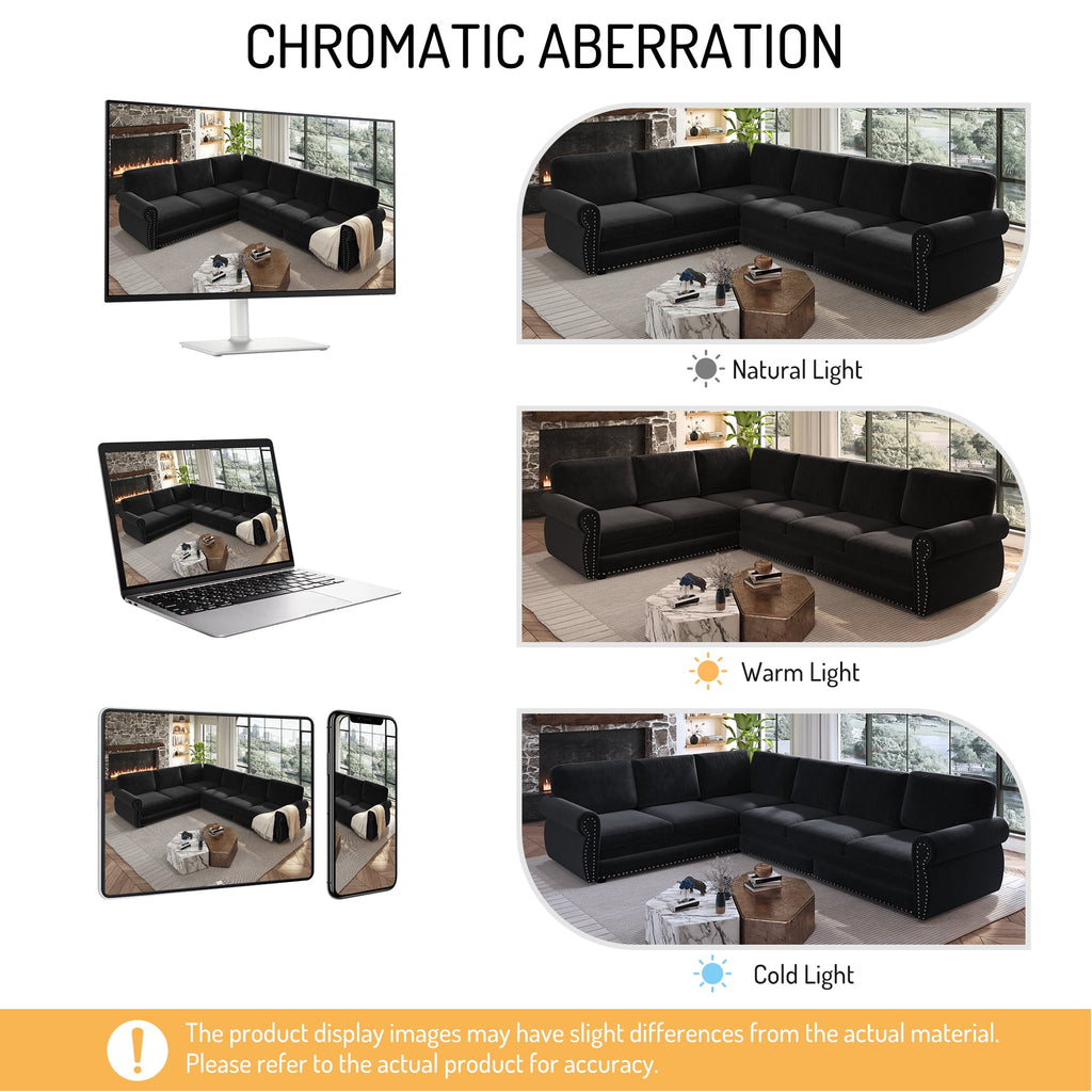  Sectional Sofa Couch, Oversized Chenille Sofa with Pull Out Sofa Bed for Living Room Black