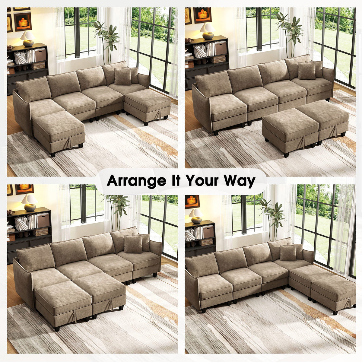  112" Modular Sectional Sofa with 2 Moveable Storage Ottoman, Cloud Couch Seats 6, Modern Living Room Furniture, Chenille Brown