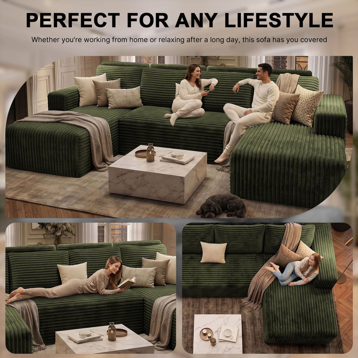 Garaneeds 113" Oversized U Shaped Sectional Sofa for Living Room, Modular Boneless Cloud Couch with Chaise, Corduroy Deep Seat Sofa, High Back Support, No Assembly Required, Green