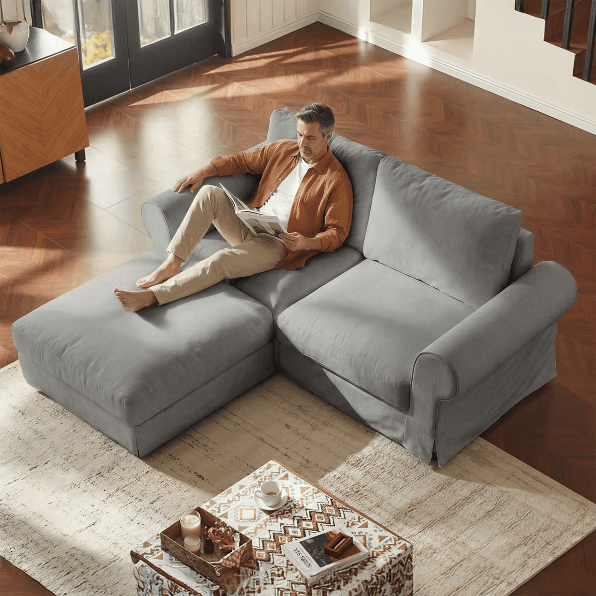 Vorthio 81.9" Oversized Loveseat Cloud Couch with Ottoman, Deep Wide Seat Slipcovered Sofa, Rolled Arms, Washable Fabric, Easy Assembly, Grey