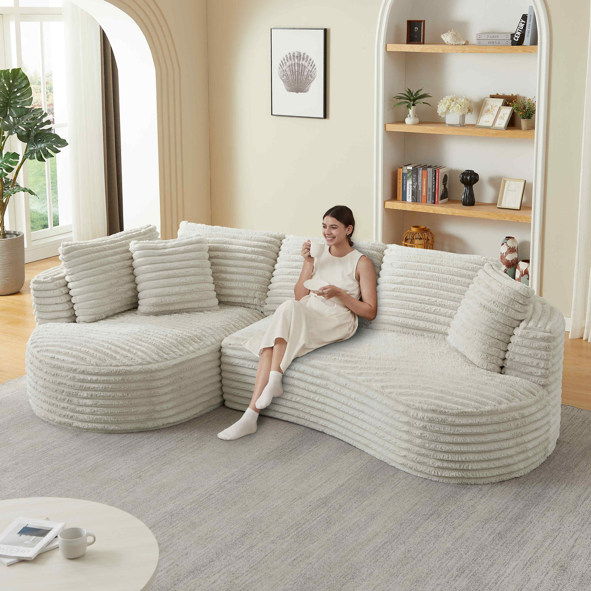 FFH 121" Modular Sectional Sofa, Oversized L-Shape Cloud Couch, Corduroy Curved Sofa for Living Room, Cream, Left Facing Chaise