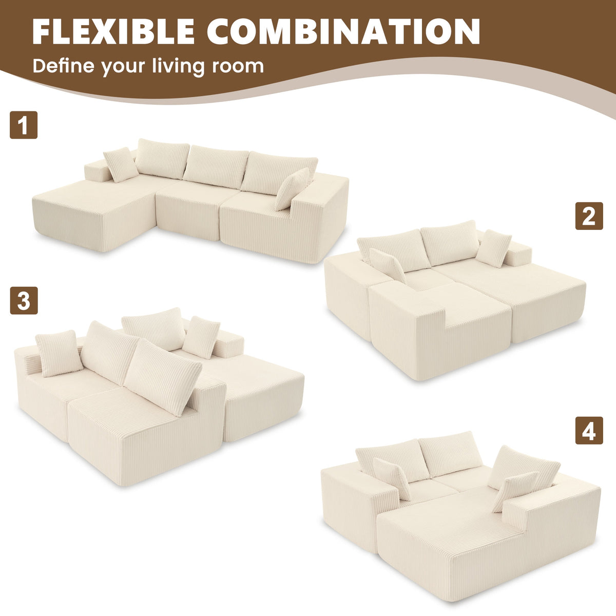  108" Convertible Sectional Couches Comfy Fluffy 4 Seat Memory Foam Sectional Sofa Upholstered Couches for Living Room Bedroom,No Assembly Required,(Left Facing Chaise) Beige