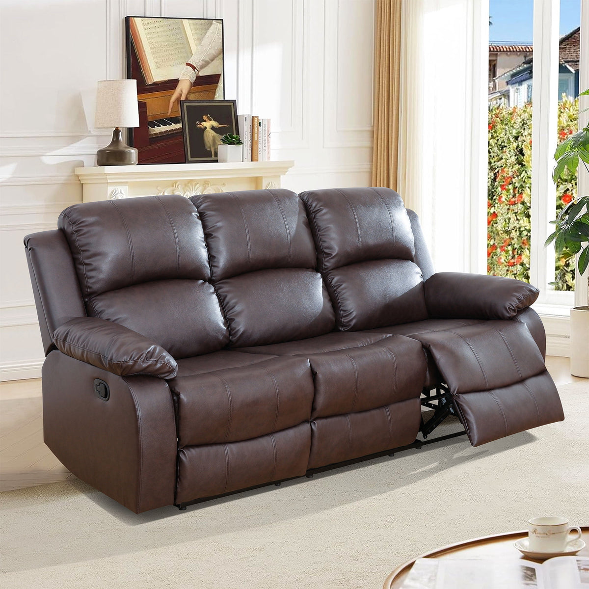  Brown 3-Seater Reclining Sofa - Air Leather Upholstery with High-Elastic Sponge for Living Room & Office