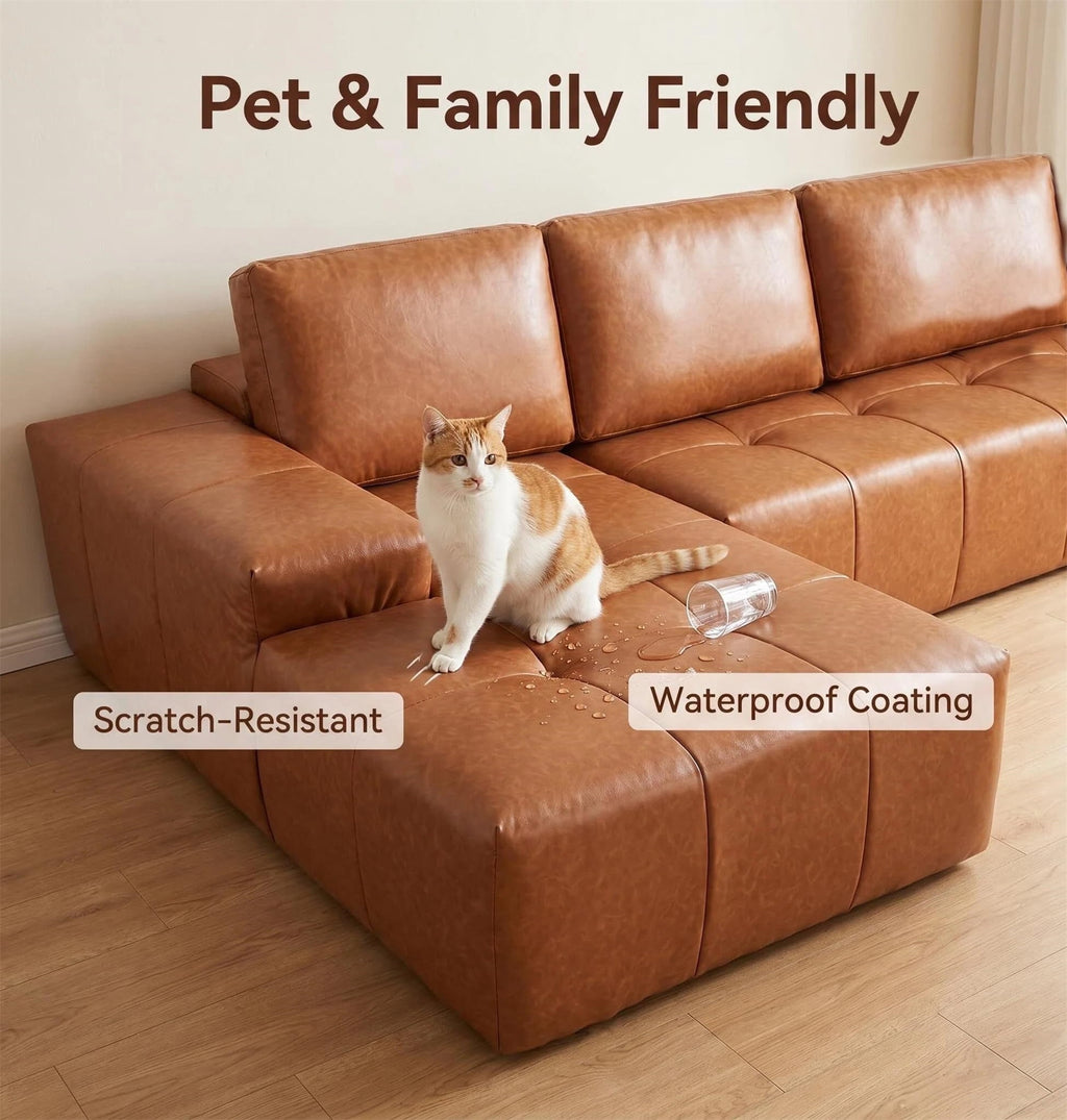  115" Leather Cloud Sectional Sofa Oversized Boneless Couch Modular L-Shaped Sofa for Living Room, Left Chaise, Brown