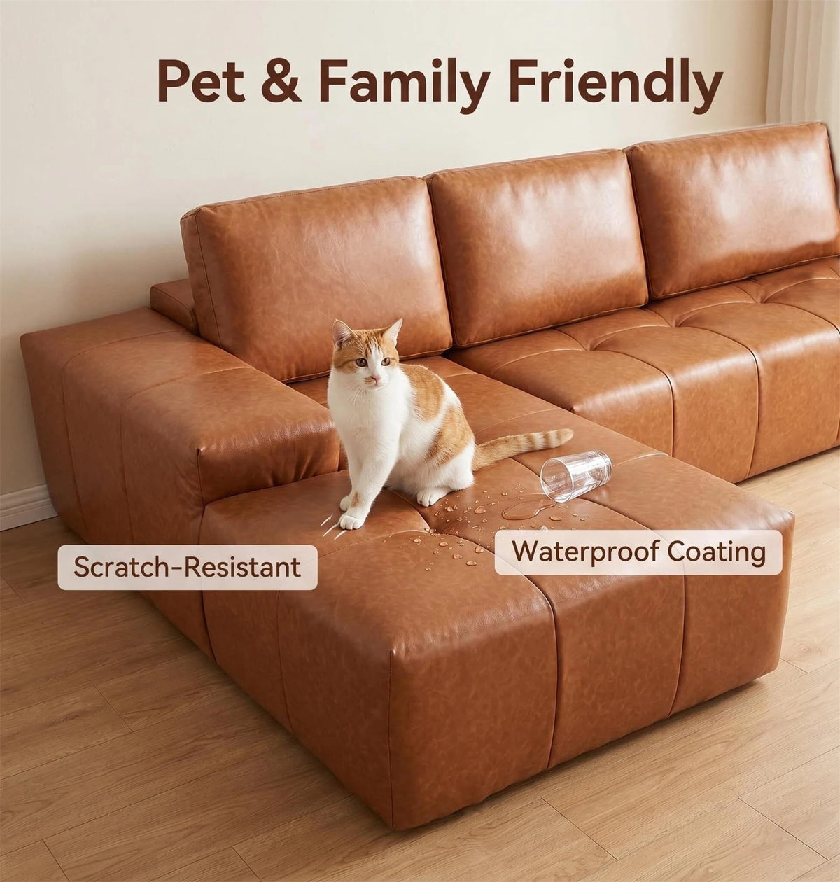  115" Leather Cloud Sectional Sofa Oversized Boneless Couch Modular L-Shaped Sofa for Living Room, Left Chaise, Brown