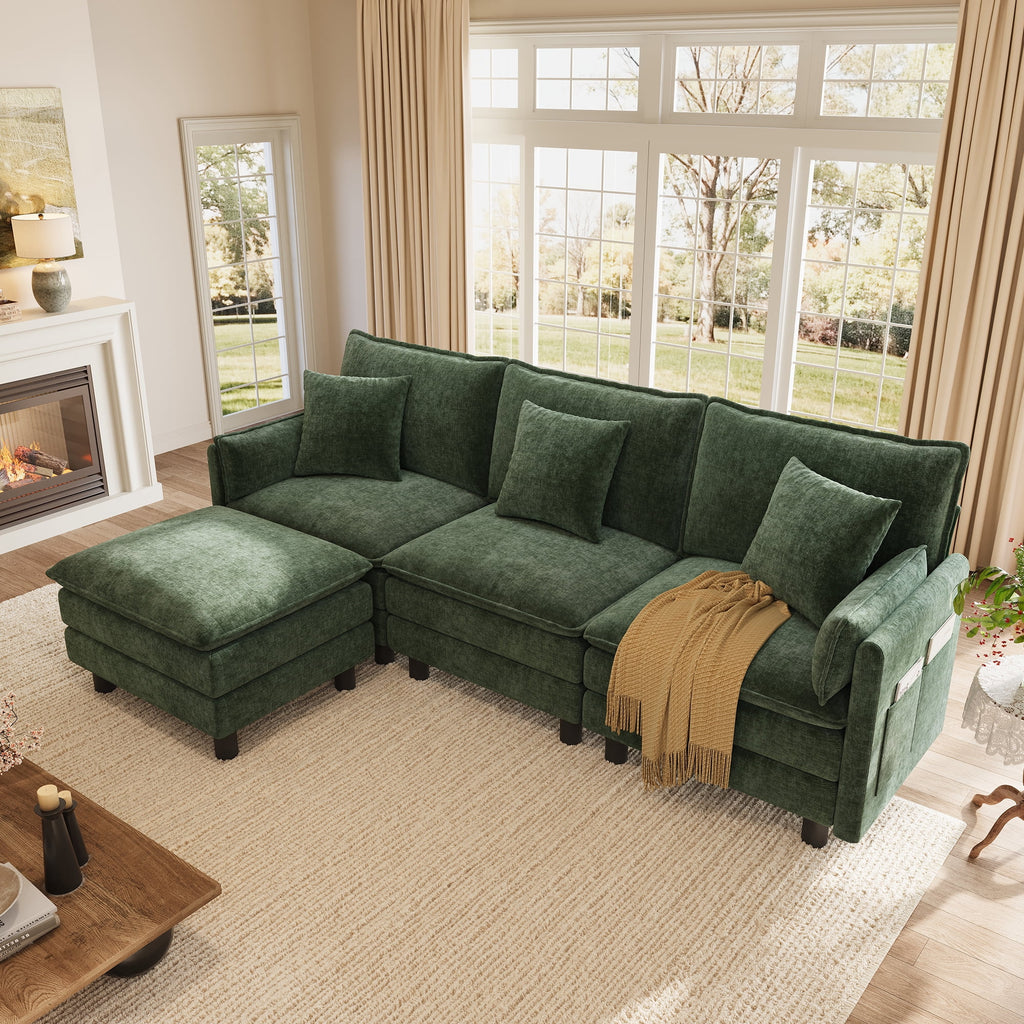  98" L-Shape Modular Sectional Sofa with Moveable Ottoman, Cloud Couch Seats 3 for Living Room, Apartment, Green