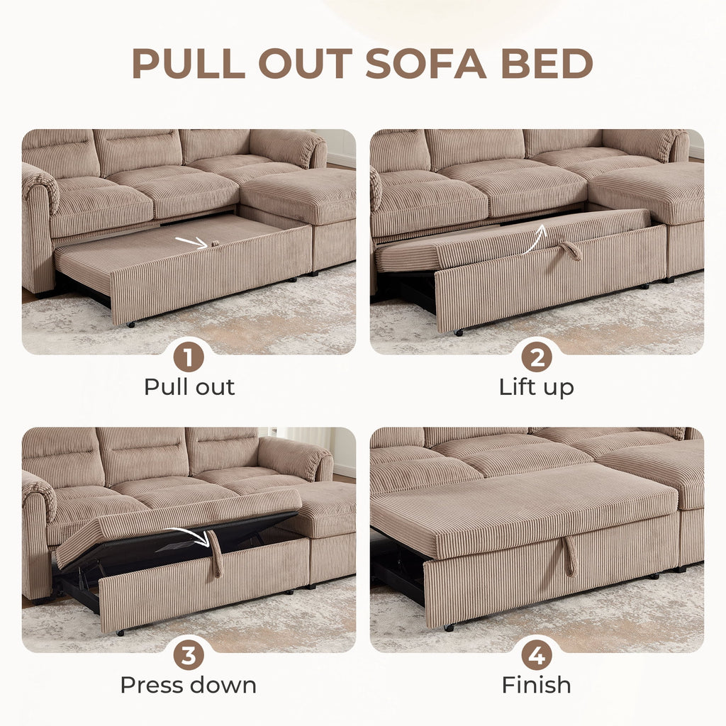  Modular Corduroy Sectional Sofa with Pull Out Sleeper, Convertible U-Shaped Couch, Free Combination Upholstered Sofa Bed for Living Room