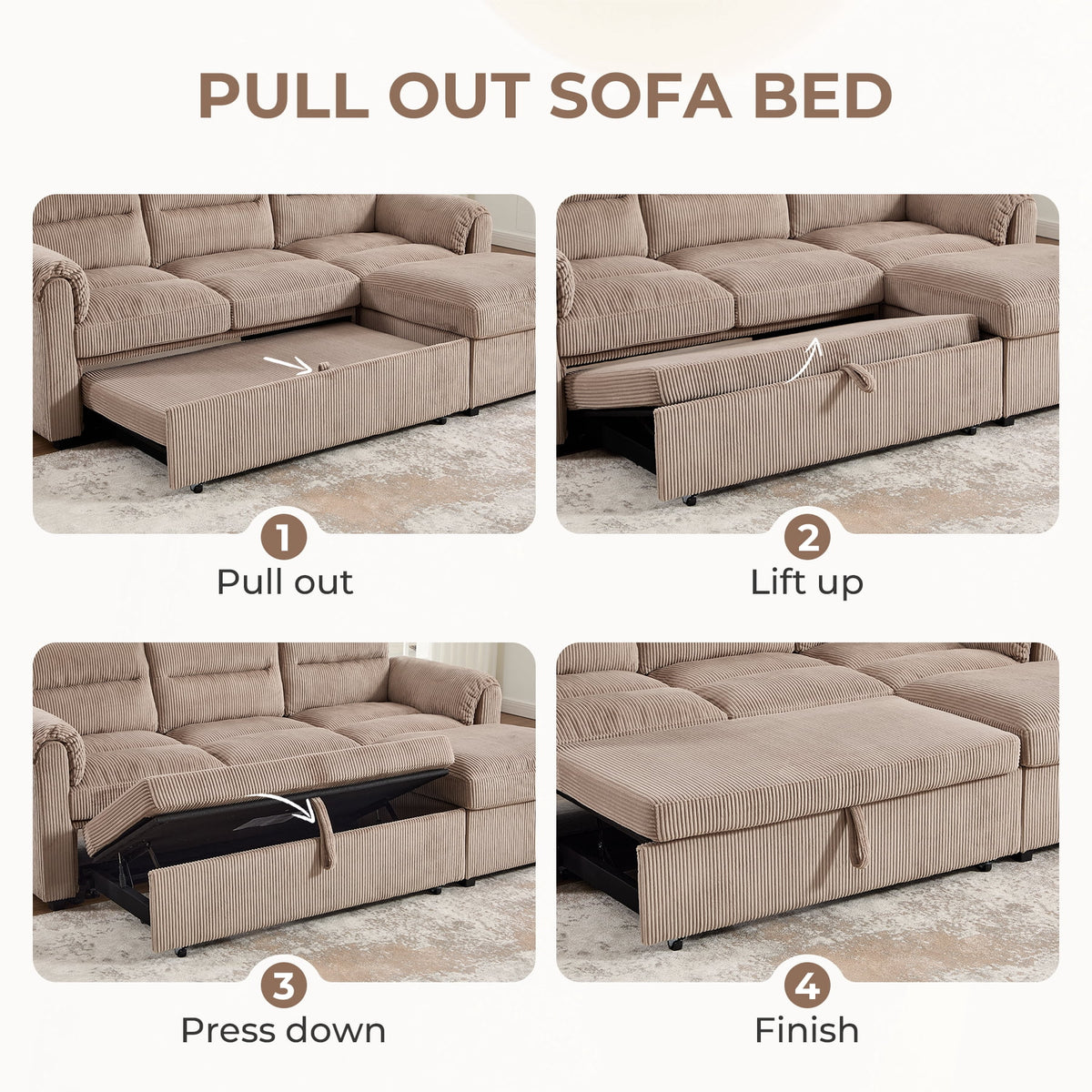  Modular Corduroy Sectional Sofa with Pull Out Sleeper, Convertible U-Shaped Couch, Free Combination Upholstered Sofa Bed for Living Room