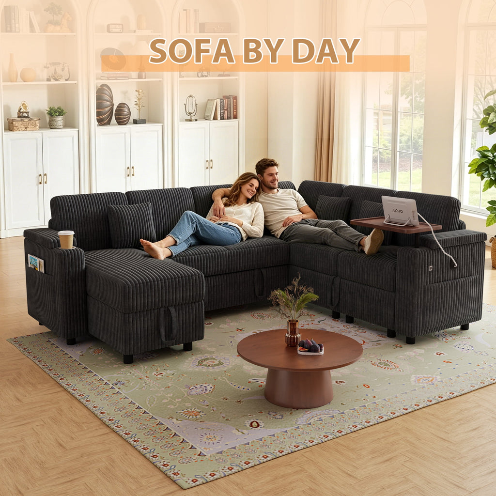 FFH 100" Modular Sectional Sofa with Pull Out Bed, Large Storage, USB Ports, Table Board, Modern Sleeper Couch Bed for Living Room, Corduroy Dark Gray