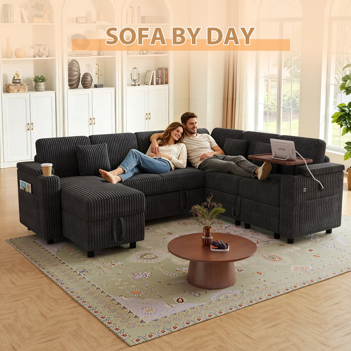 FFH 100" Modular Sectional Sofa with Pull Out Bed, Large Storage, USB Ports, Table Board, Modern Sleeper Couch Bed for Living Room, Corduroy Dark Gray