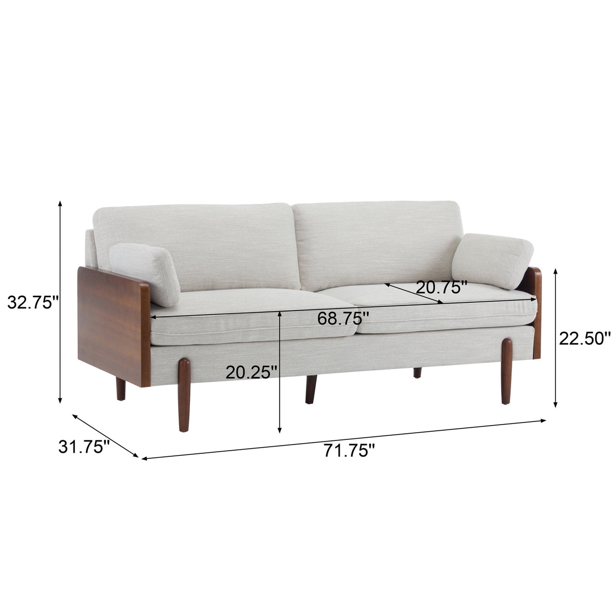 Mid-Century Modern Sofa with Slim Track Arms and Wood Frame, Beige