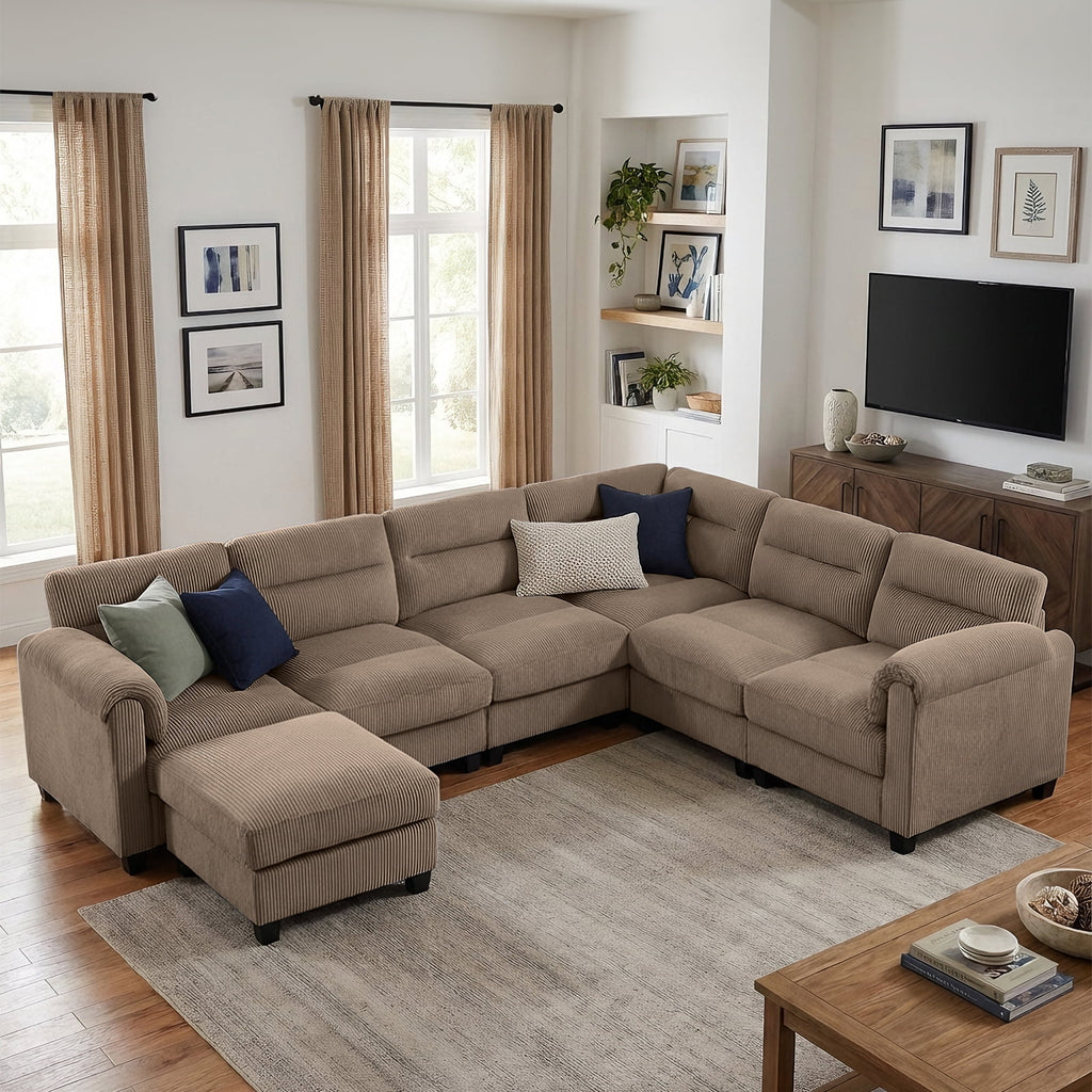  Convertible Modular Padded Sectional Sofa Couch with Foam Frame & Ottoman for Living Room - Taupe