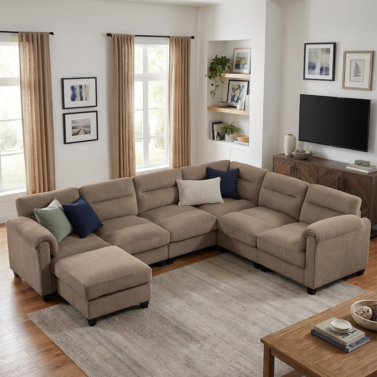 Convertible Modular Padded Sectional Sofa Couch with Foam Frame & Ottoman for Living Room - Taupe