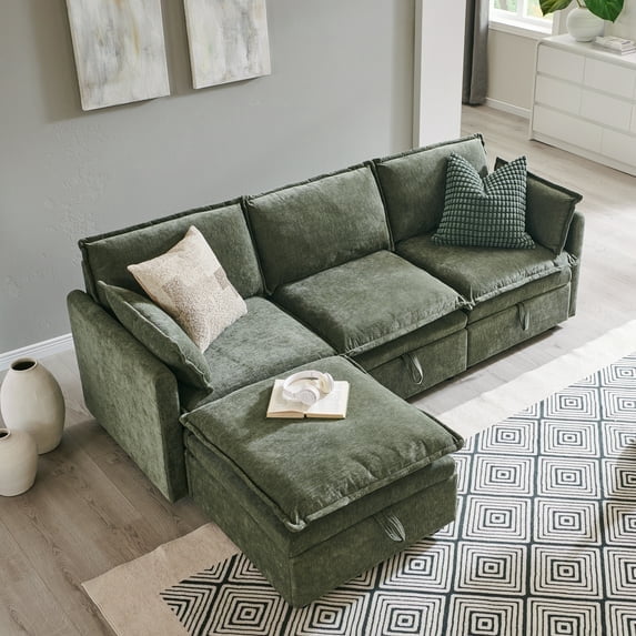 Aitjunz 85.83'' Modular Cloud Couches, Sectional Sofa for Living Room, Modern Couches and Sofas with Storage Ottoman, L-Shape 4 Seat Chenille Cloud Sofa with Pillows for Bedroom