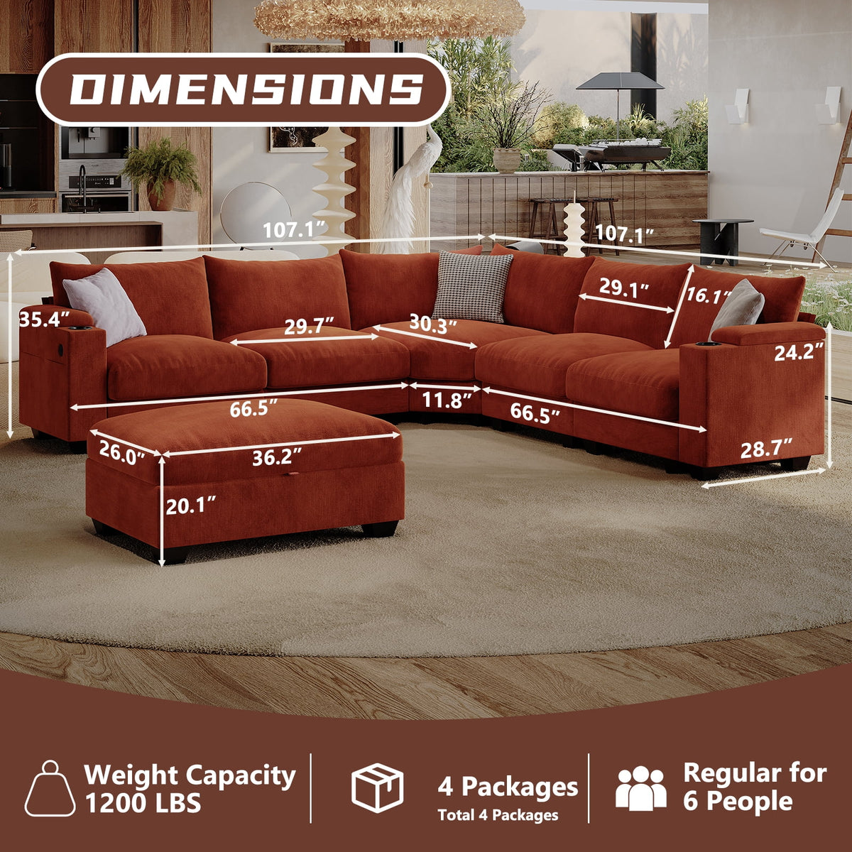 ZX Design 107.1" L-Shaped Modular Sectional Sofa, 6-Seater Deep Seat Couch with Storage Ottoman, Console, USB Type-C & Cup Holders for Living Room
