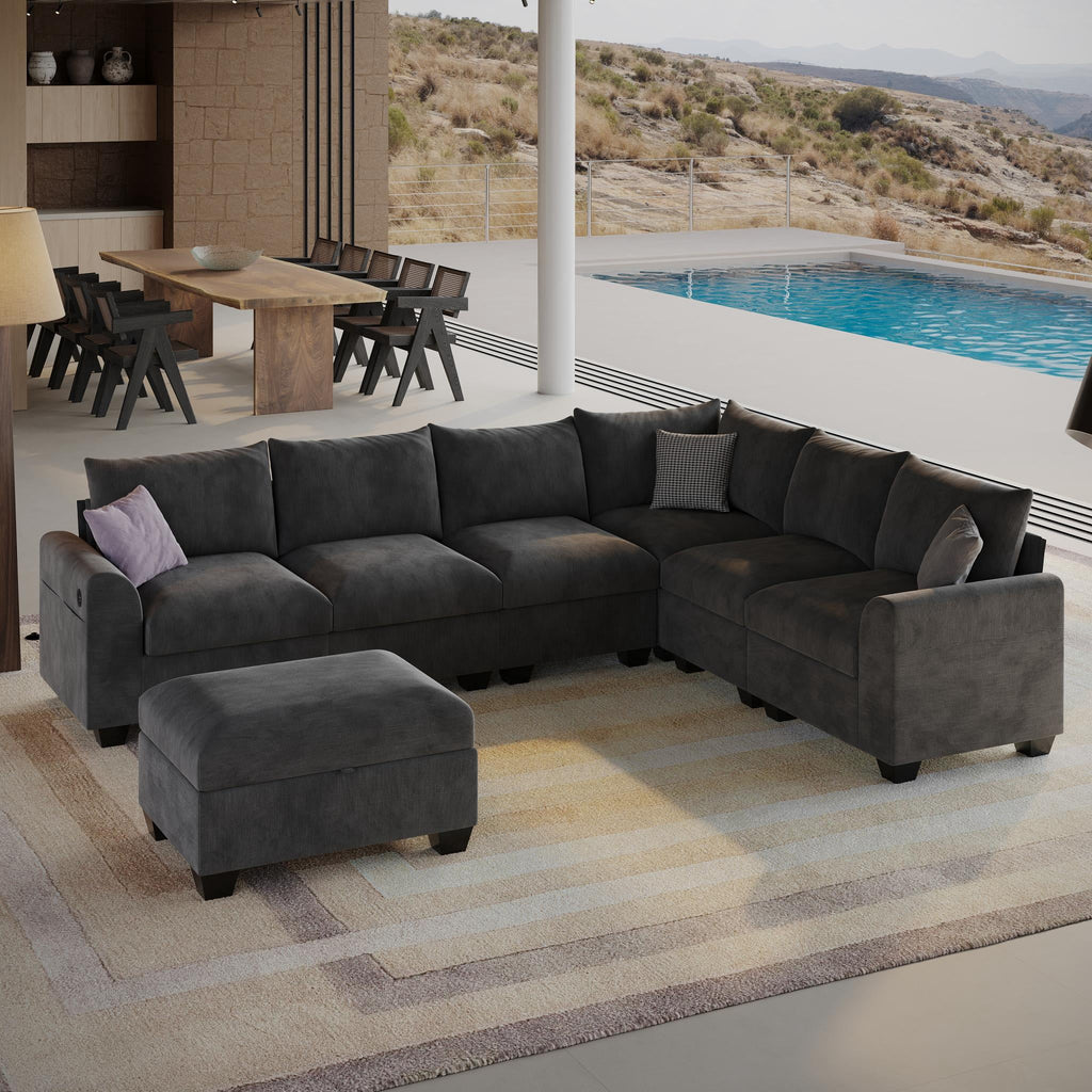 120" 7-Seater L-Shaped Sectional Couch, Modern Chenille V-Shaped Corner Sofa with Storage Ottoman & USB Ports, Modular Sofa for Living Room