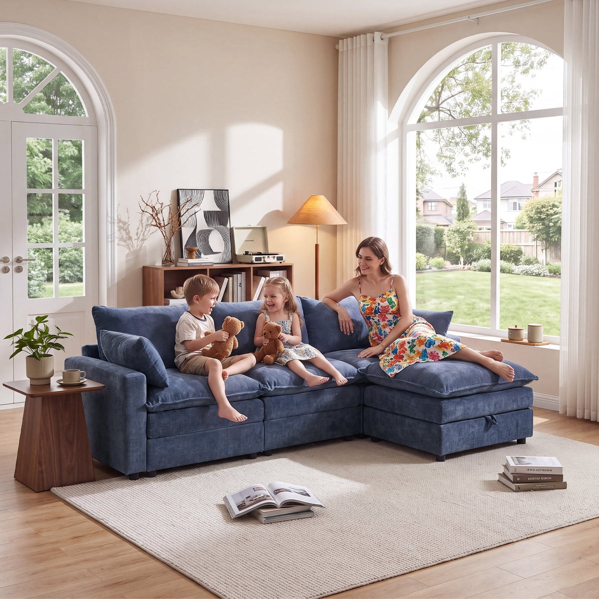  Modular Sectional Sofa, 112.9" L-Shaped Ultra-Comfort Sofa with Storage Ottoman, Modern Chenille Cloud Couch for Living Room & Family Room, Royal Blue