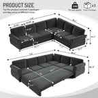 118'' Pull Out Couch, Convertible Sleeper Sofa Bed, Upholstered Sectional Sofa, Chenille L-Shaped Couch with Nailhead Trim, Modern Sectional Couches for Living Room, Apartment, Dark Grey