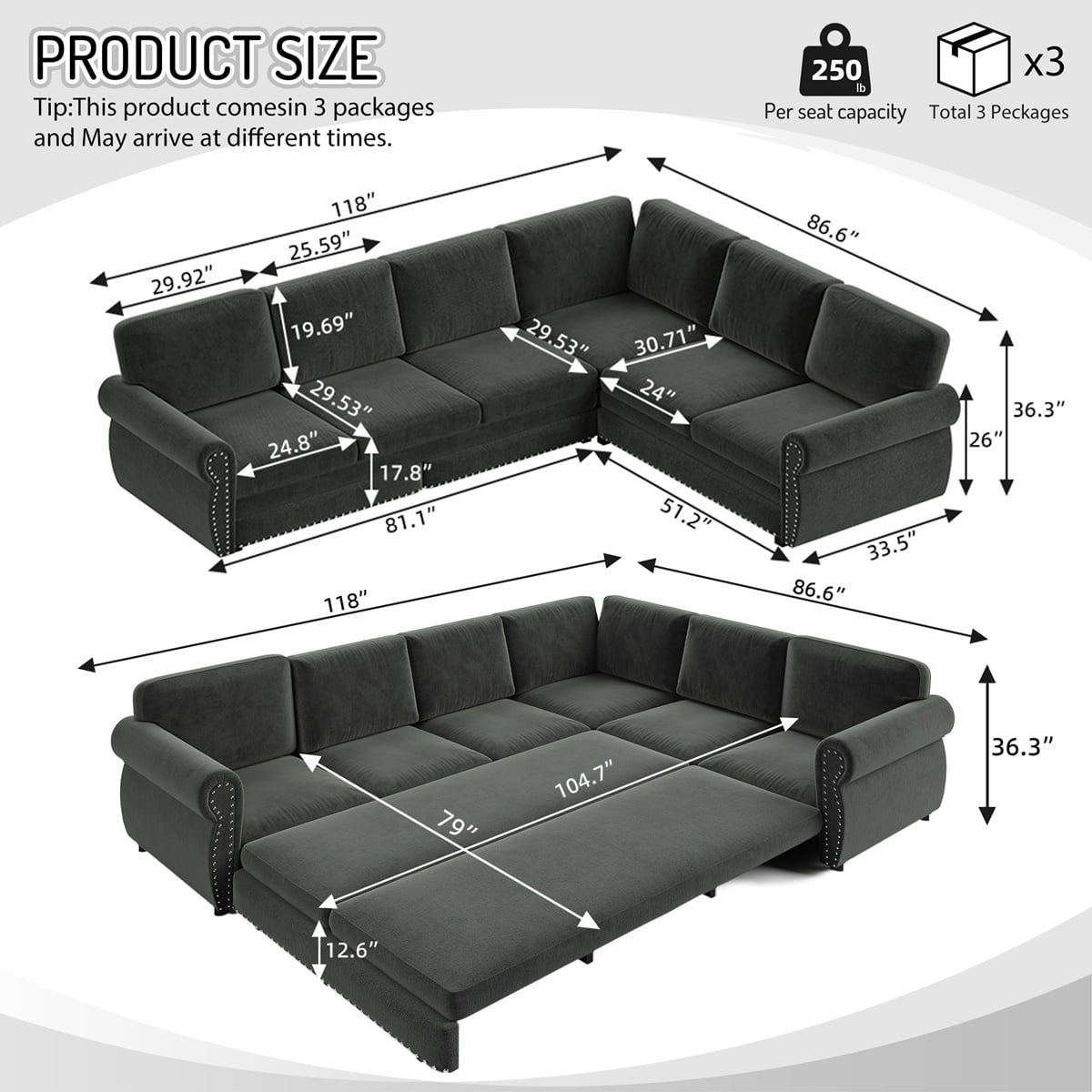 118'' Pull Out Couch, Convertible Sleeper Sofa Bed, Upholstered Sectional Sofa, Chenille L-Shaped Couch with Nailhead Trim, Modern Sectional Couches for Living Room, Apartment, Dark Grey