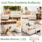 109" Modular L-Shaped Sectional Sofa, Convertible 4-Seat Sleeper Couch with Storage Ottoman, Movable Ottomans, Oversized Deep Seat for Living Room Apartment